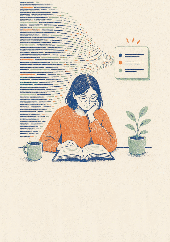Risograph 插画：一个人专注阅读，长文凝缩成一张清爽的摘要卡片