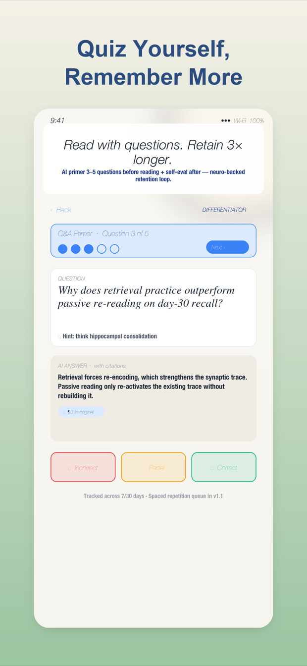 ReaderMind Q&A 预热截图：问题进度、引用回答与自评按钮