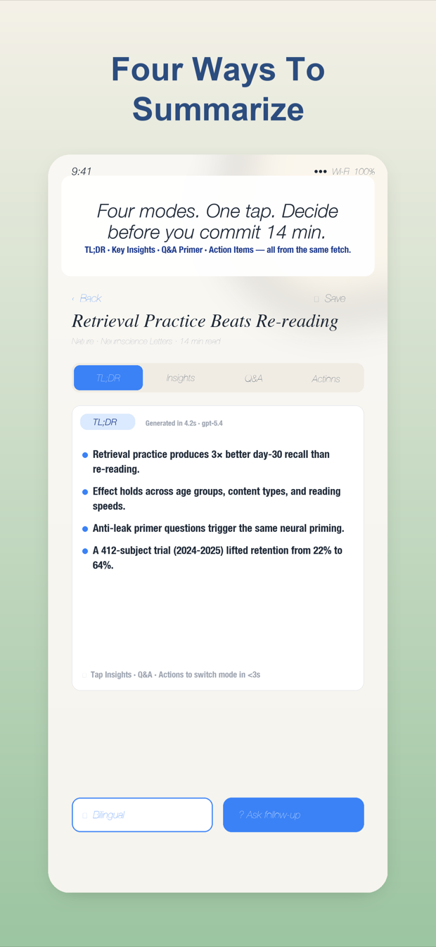 ReaderMind 四模摘要截图：TL;DR / Insights / Q&A / Actions 标签